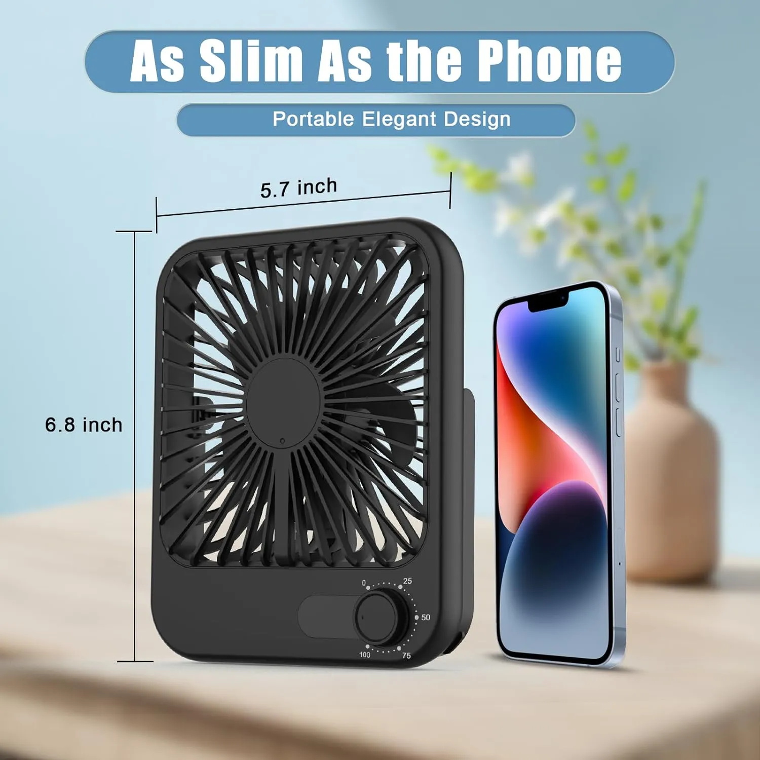 Small Desk Fan, 100 Speeds Personal Fan Portable Rechargeable with Battery Powered, 180Tilt Adjustable Quiet Bedroom Fan, Home Beach Camping Travel Office Desk Accessories, Black
