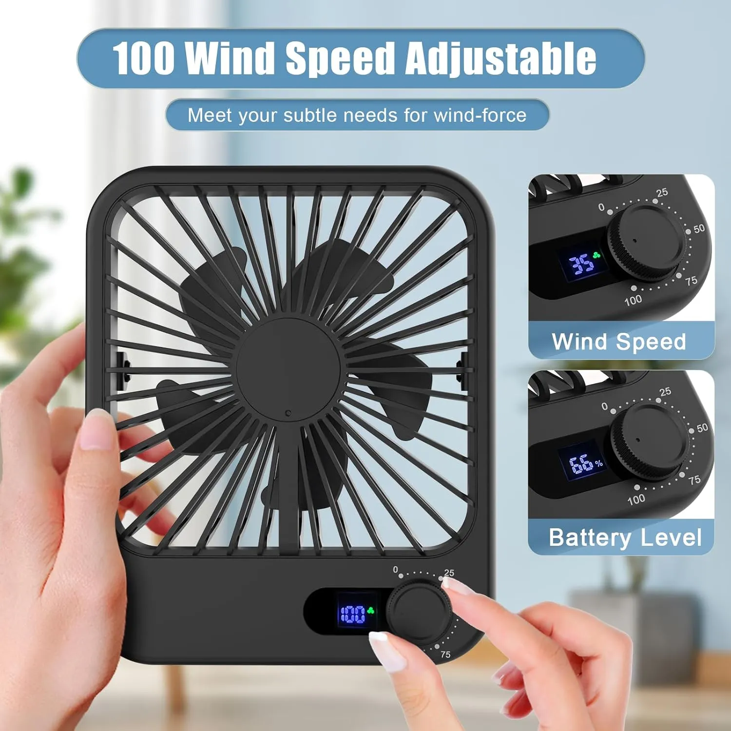Small Desk Fan, 100 Speeds Personal Fan Portable Rechargeable with Battery Powered, 180Tilt Adjustable Quiet Bedroom Fan, Home Beach Camping Travel Office Desk Accessories, Black