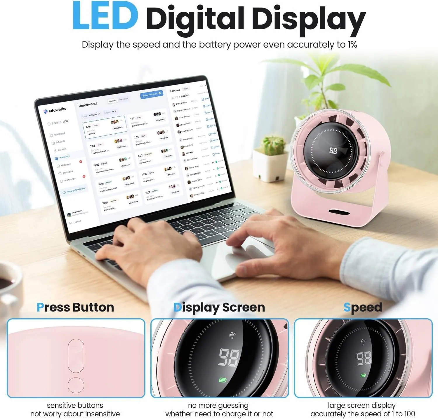 Small Desk Fan, 28dB Ultra-Quiet Desktop Air Circulator with 115 Adjustable Tilt, 100 Speeds, Rechargeable Battery, USB-Powered, Portable for Bedroom, Office, Kitchen, Travel - (Pink)