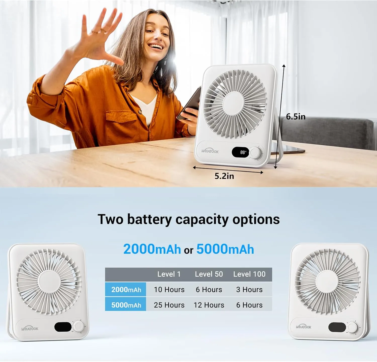 Small Desk Fan Personal Fans: 2000mah 10 Hours Battery Office Quiet Mini Desktop Fan Portable Rechargeable Travel Essentials
