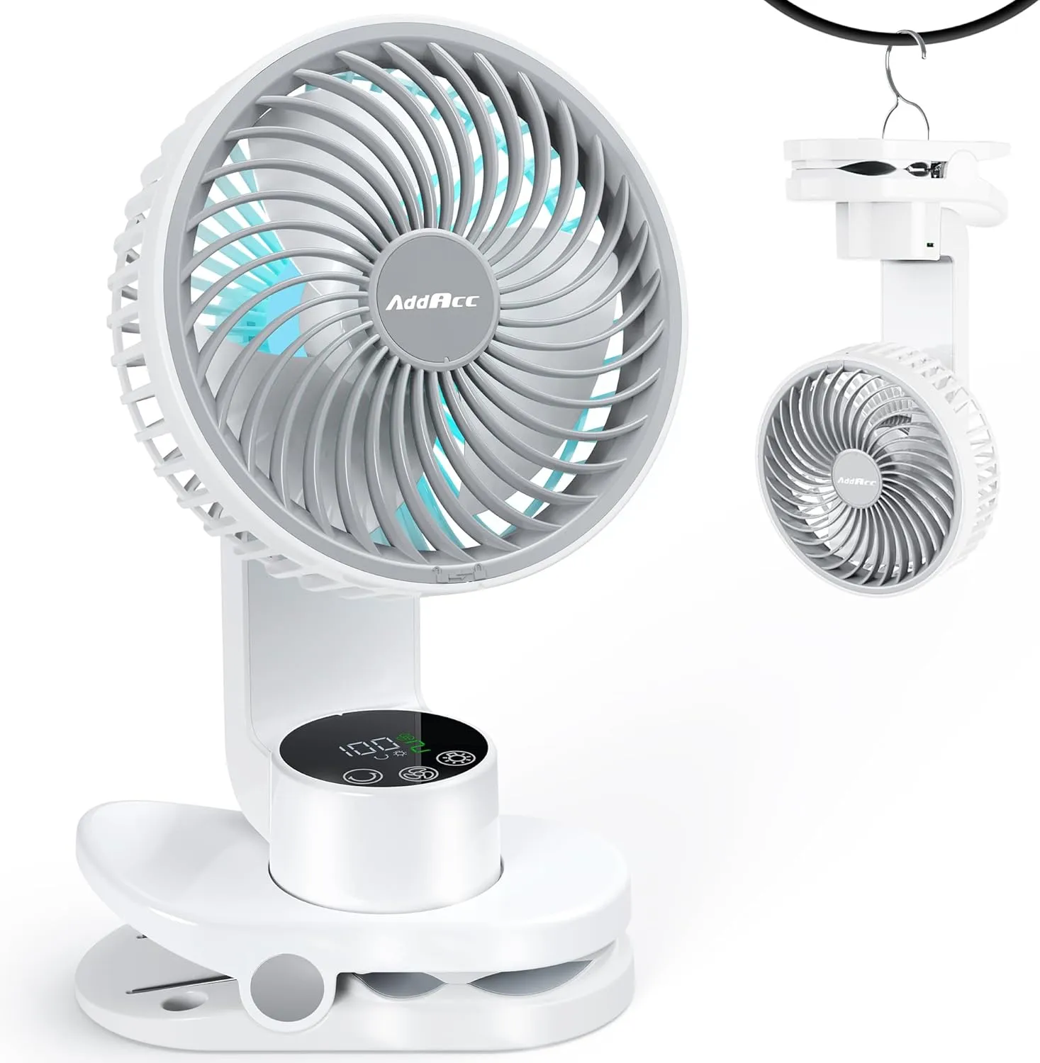 Small Desk Fan, Rechargeable Clip On Fan with Atmosphere Light & Hook, Battery Operated Table Fan, Ultra Quiet, 9 Speed Auto Oscillation Desktop Fan for Bedroom Office Home Travel Camping USB desktop fan for workspace