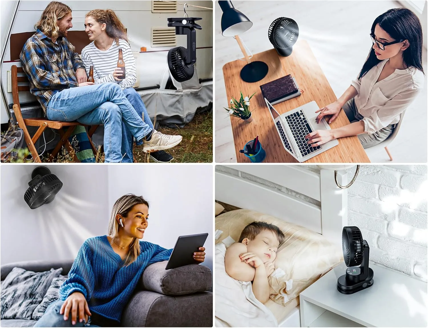Small Desk Fan, Rechargeable Clip On Fan with Atmosphere Light & Hook, Battery Operated Table Fan, Ultra Quiet, 9 Speed Auto Oscillation Desktop Fan for Bedroom Office Home Travel Camping