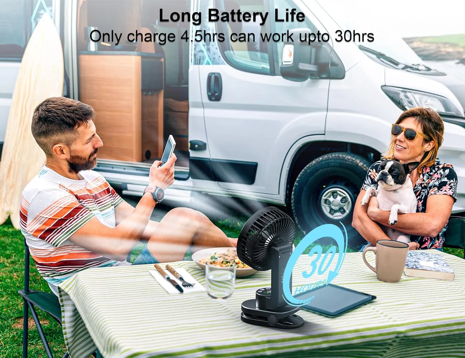 Small Desk Fan, Rechargeable Clip On Fan with Atmosphere Light & Hook, Battery Operated Table Fan, Ultra Quiet, 9 Speed Auto Oscillation Desktop Fan for Bedroom Office Home Travel Camping