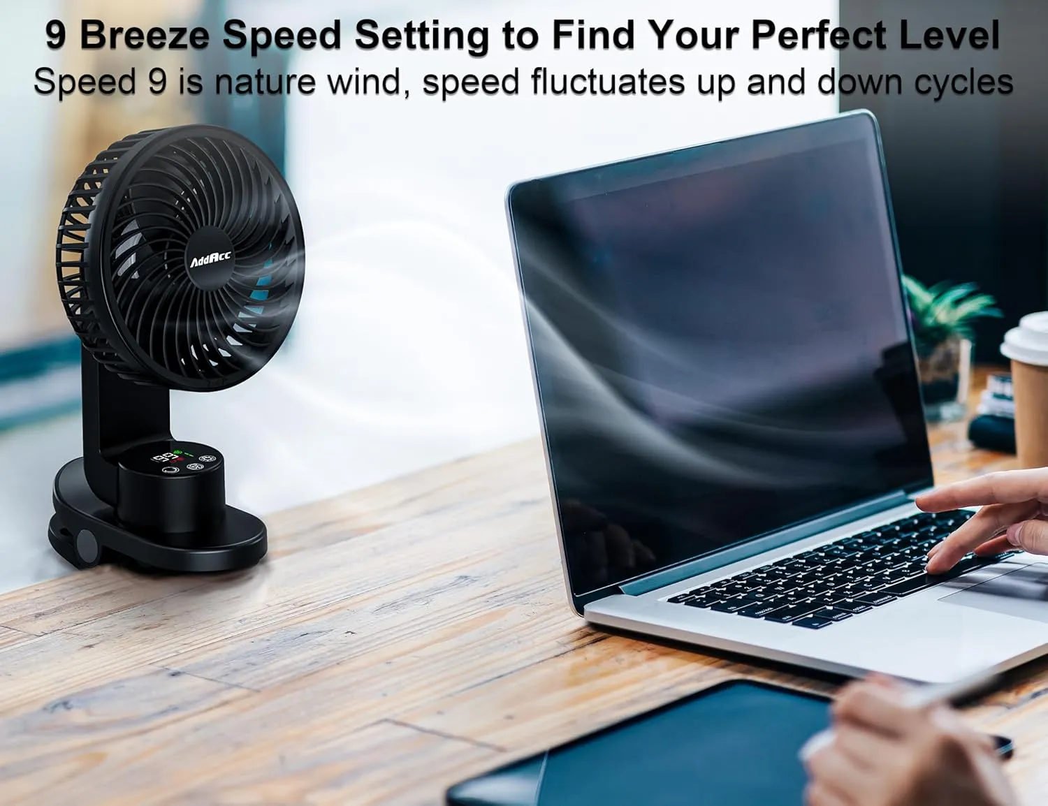 Small Desk Fan, Rechargeable Clip On Fan with Atmosphere Light & Hook, Battery Operated Table Fan, Ultra Quiet, 9 Speed Auto Oscillation Desktop Fan for Bedroom Office Home Travel Camping