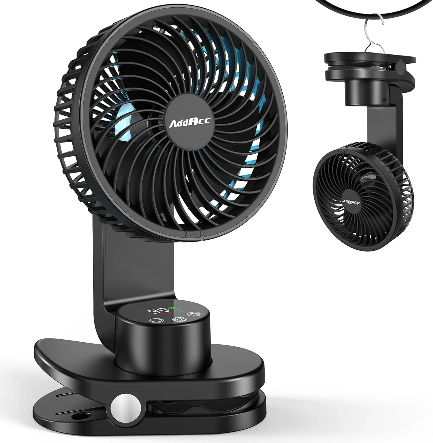 Small Desk Fan, Rechargeable Clip On Fan with Atmosphere Light & Hook, Battery Operated Table Fan, Ultra Quiet, 9 Speed Auto Oscillation Desktop Fan for Bedroom Office Home Travel Camping USB desktop fan for workspace