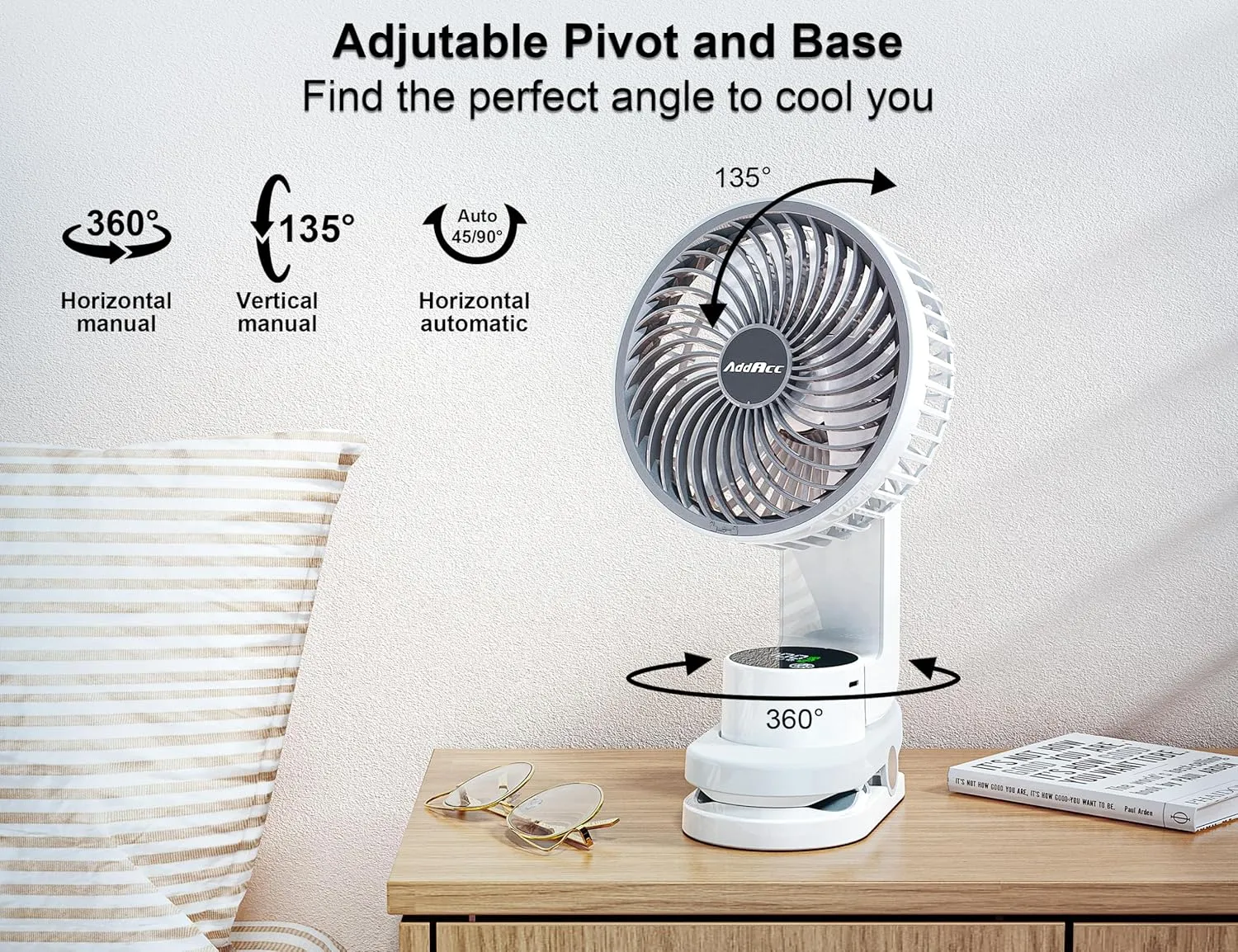 Small Desk Fan, Rechargeable Clip On Fan with Atmosphere Light & Hook, Battery Operated Table Fan, Ultra Quiet, 9 Speed Auto Oscillation Desktop Fan for Bedroom Office Home Travel Camping