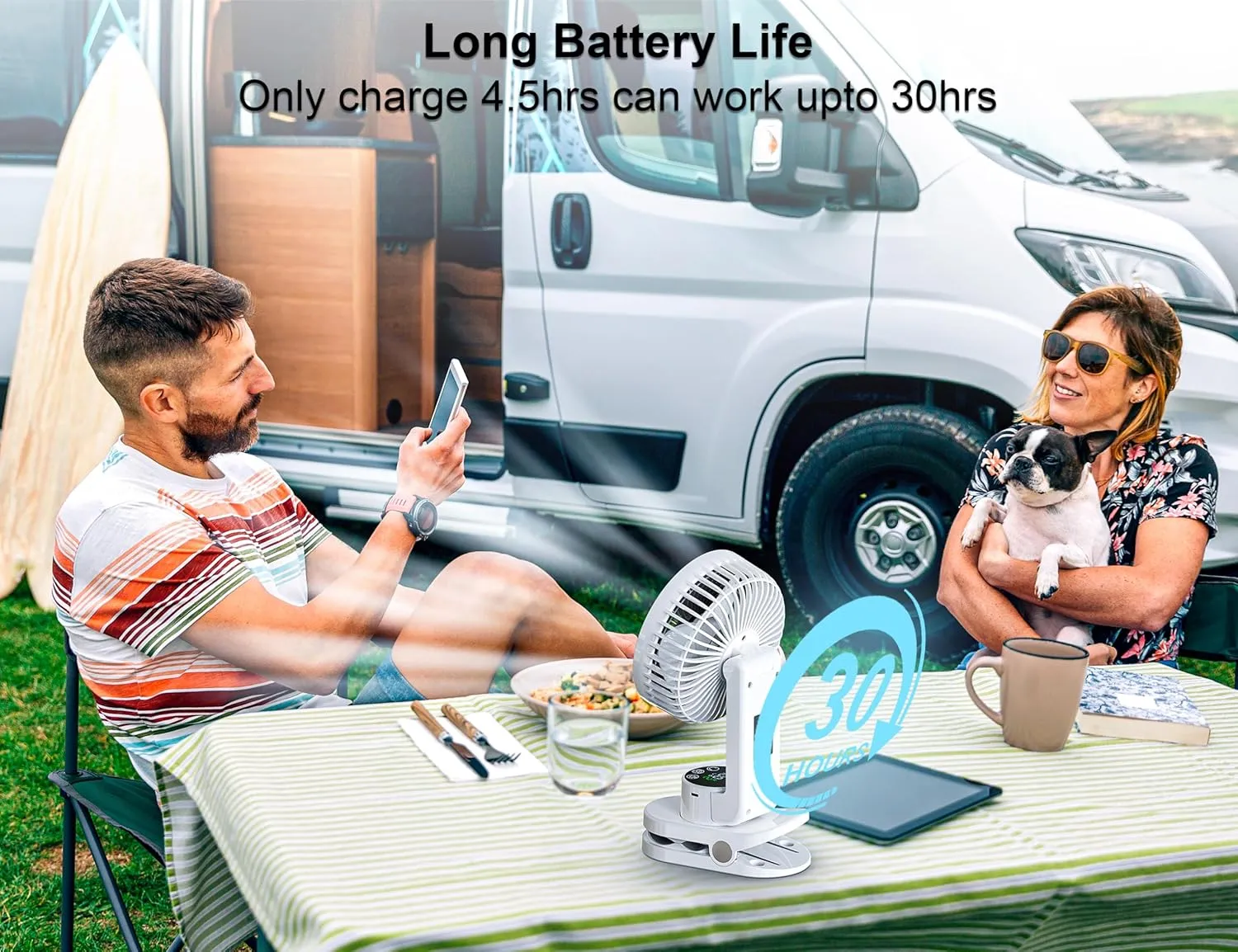 Small Desk Fan, Rechargeable Clip On Fan with Atmosphere Light & Hook, Battery Operated Table Fan, Ultra Quiet, 9 Speed Auto Oscillation Desktop Fan for Bedroom Office Home Travel Camping