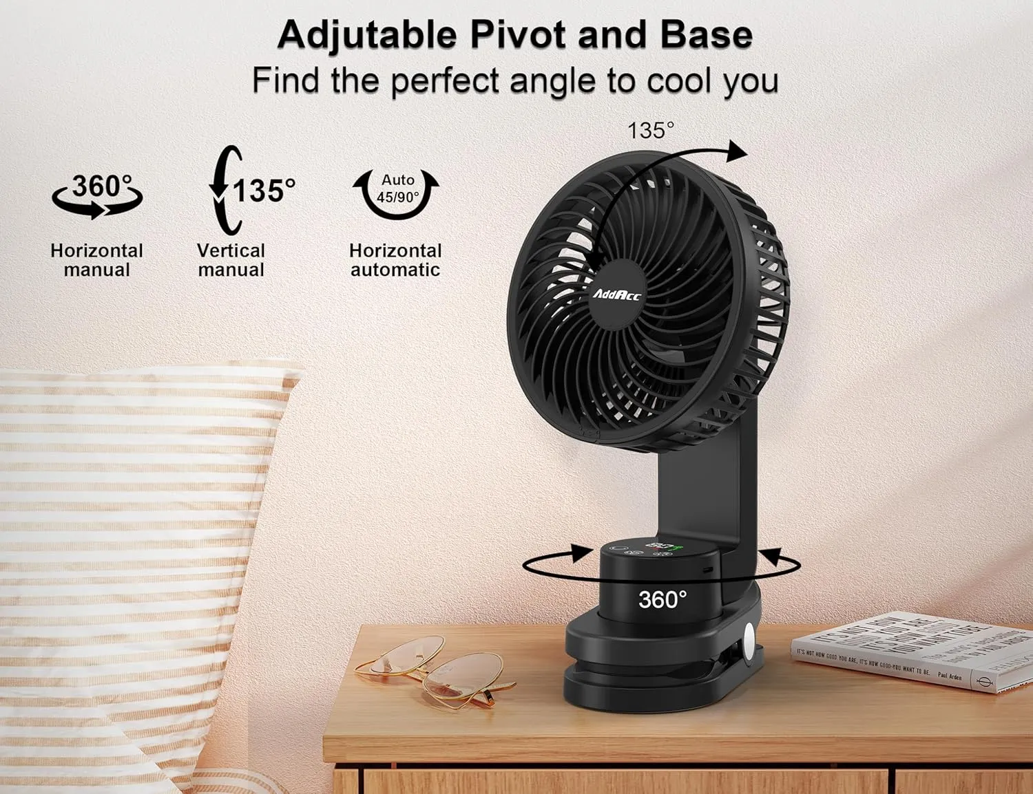 Small Desk Fan, Rechargeable Clip On Fan with Atmosphere Light & Hook, Battery Operated Table Fan, Ultra Quiet, 9 Speed Auto Oscillation Desktop Fan for Bedroom Office Home Travel Camping