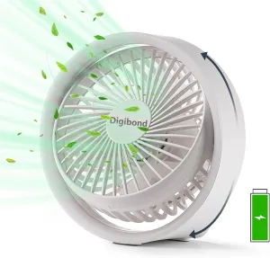 Small Desk Fan, Ultra Quite USB Fan Portable 3000mAh Rechargeable Battery Operate, High Power 3 Speed 5.3in With Ambient Light/Hook 180Rotated Easy Clean (White) USB desktop fan for workspace