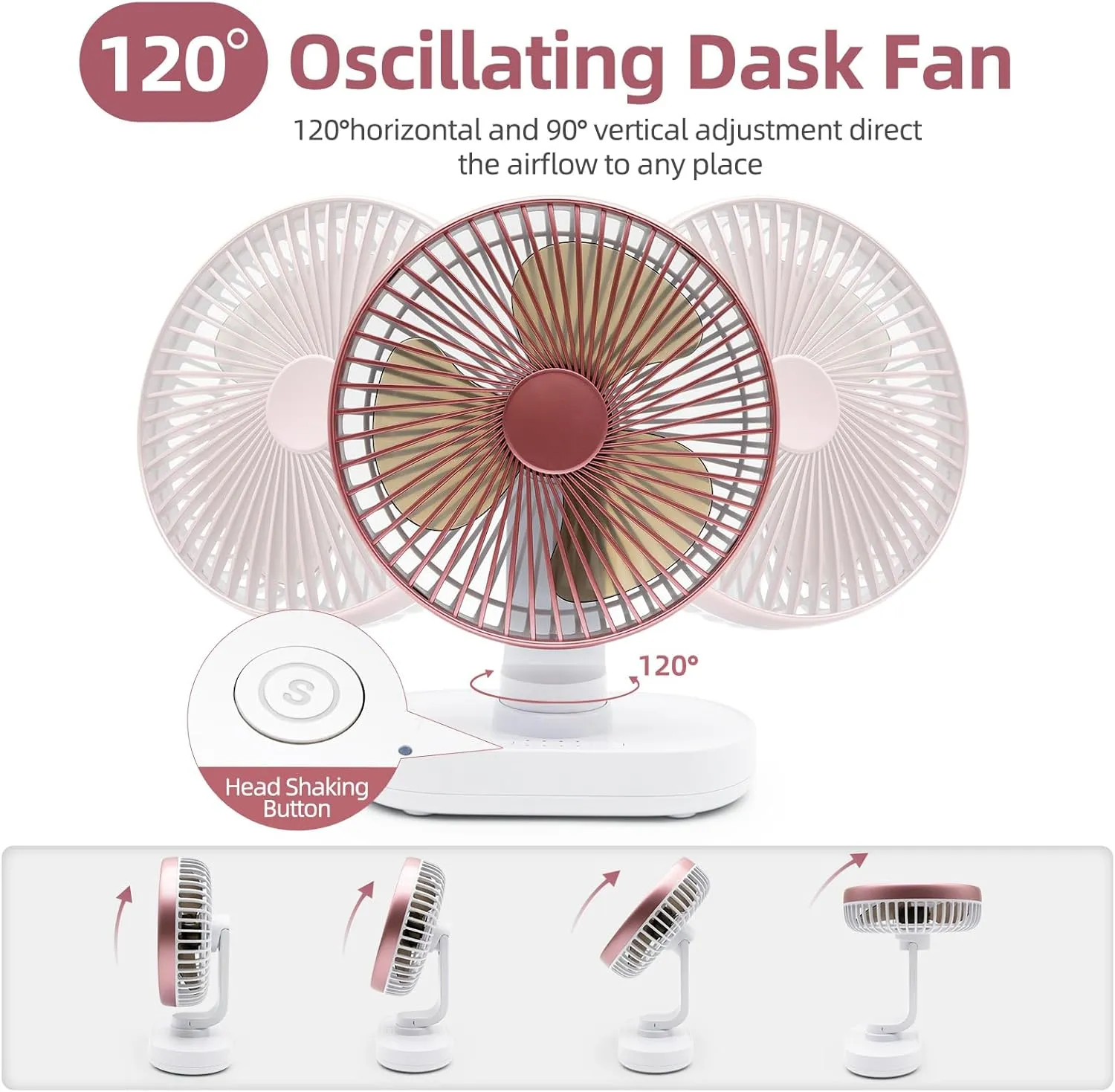 Small Oscillating Fan for Bedroom, 4000mAh Battery Powered Rechargeable Fan, 90 Vertical Manual and 120 Oscillating Desk Fan, 4 Speeds Air Circulator Fans, Quiet Table Fans for Home Office Travel