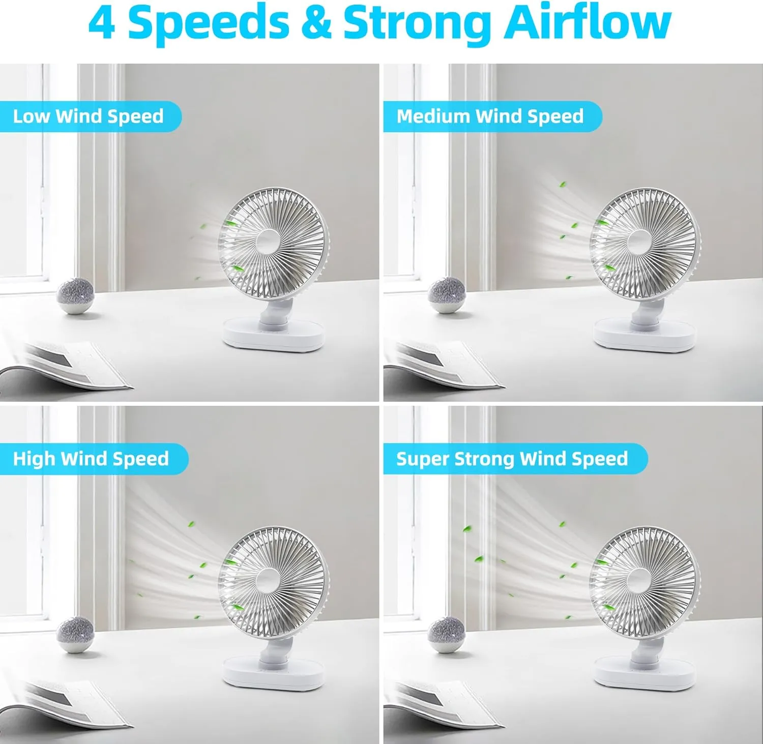 Small Oscillating Fan for Bedroom, 4000mAh Battery Powered Rechargeable Fan, 90 Vertical Manual and 120 Oscillating Desk Fan, 4 Speeds Air Circulator Fans, Quiet Table Fans for Home Office Travel