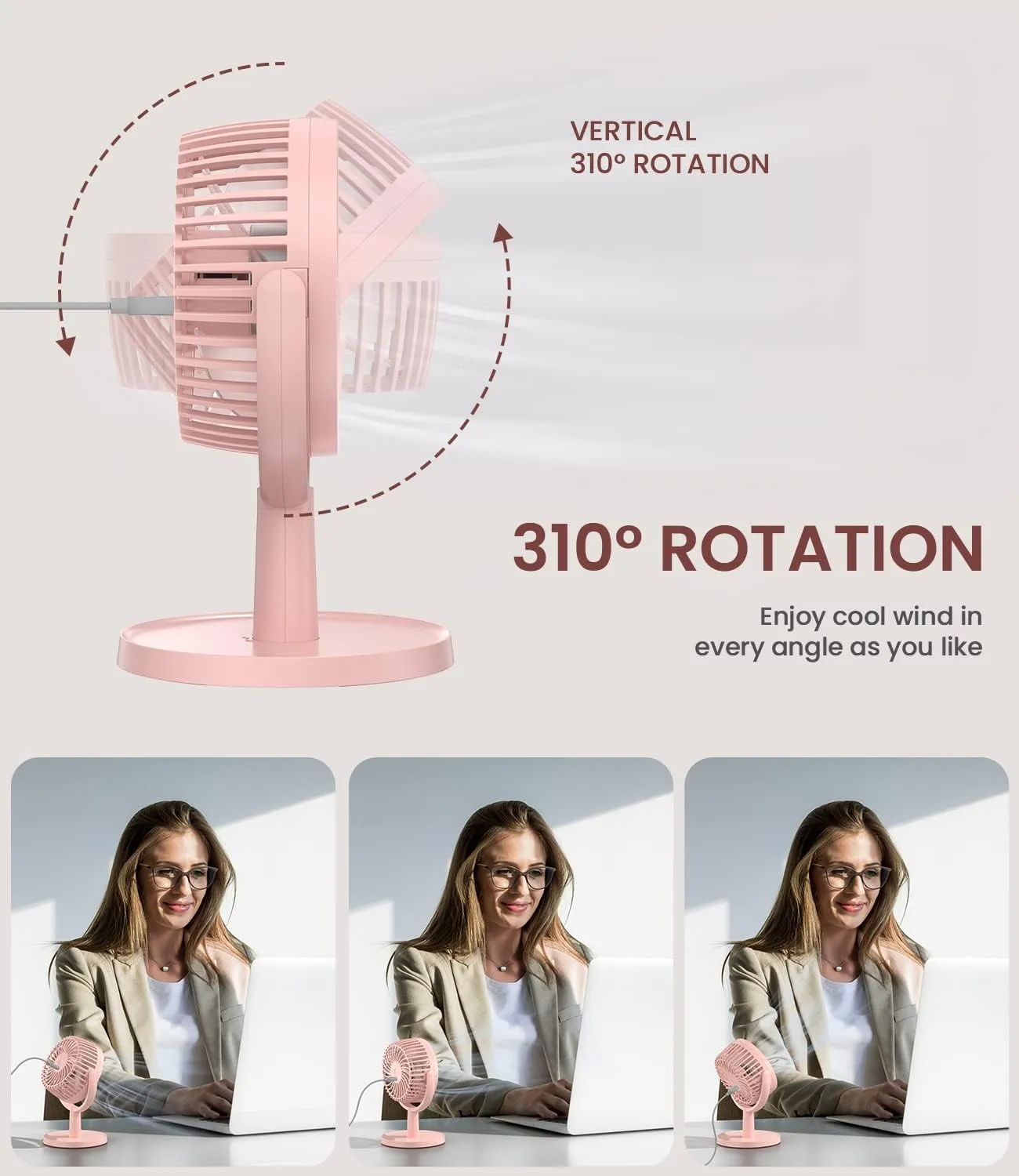 Small Personal USB Powered Fan with 4 Speeds, Portable Desk Fans with 310 Rotation, Mini Powerful Table Fans, Ultra Quiet Air Cooling Fan for Office, Bedroom, Easy to Store, Strong, Compact-Pink