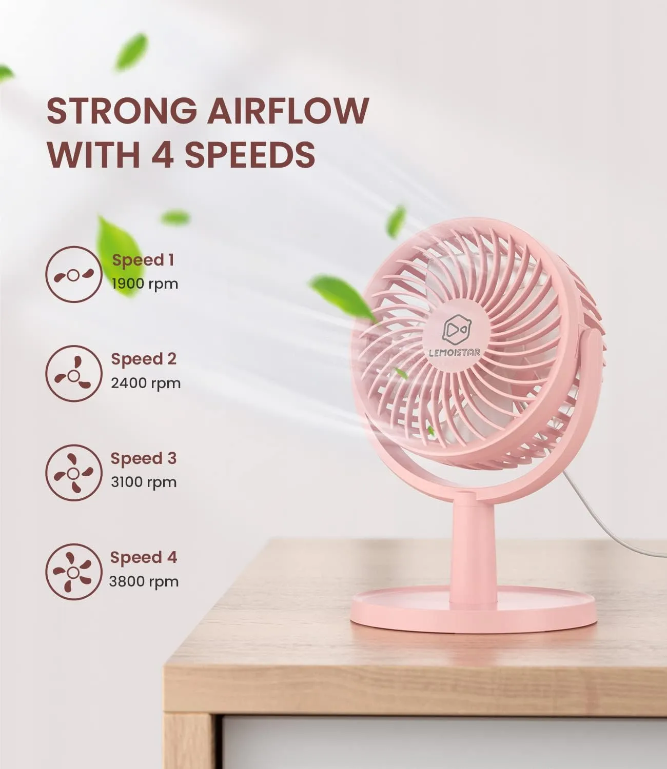 Small Personal USB Powered Fan with 4 Speeds, Portable Desk Fans with 310 Rotation, Mini Powerful Table Fans, Ultra Quiet Air Cooling Fan for Office, Bedroom, Easy to Store, Strong, Compact-Pink