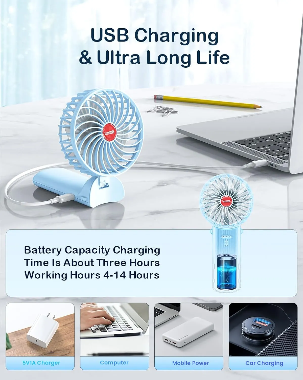 Small Portable Fan Handheld and Rechargeable: Blue Mini Hand Fans 4 Speeds Adjustable Cool Air Wind Multi angle Folding Battery Operated USB Powered Quiet Personal Fans for Women Travel Outdoor Home