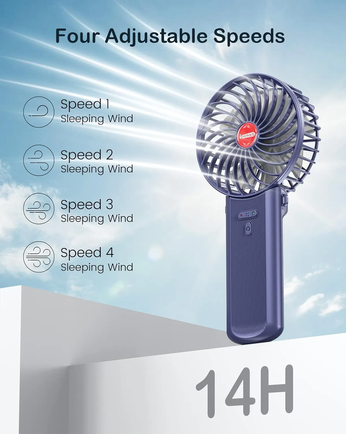 Small Portable Fan Handheld and Rechargeable: Blue Mini Hand Fans 4 Speeds Adjustable Cool Air Wind Multi angle Folding Battery Operated USB Powered Quiet Personal Fans for Women Travel Outdoor Home