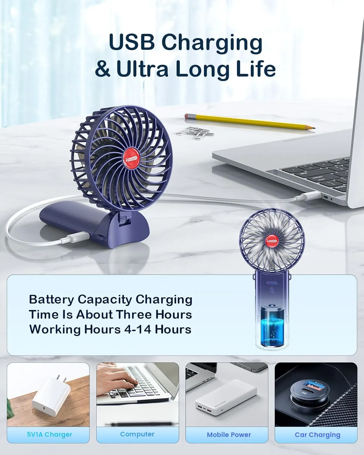 Small Portable Fan Handheld and Rechargeable: Blue Mini Hand Fans 4 Speeds Adjustable Cool Air Wind Multi angle Folding Battery Operated USB Powered Quiet Personal Fans for Women Travel Outdoor Home