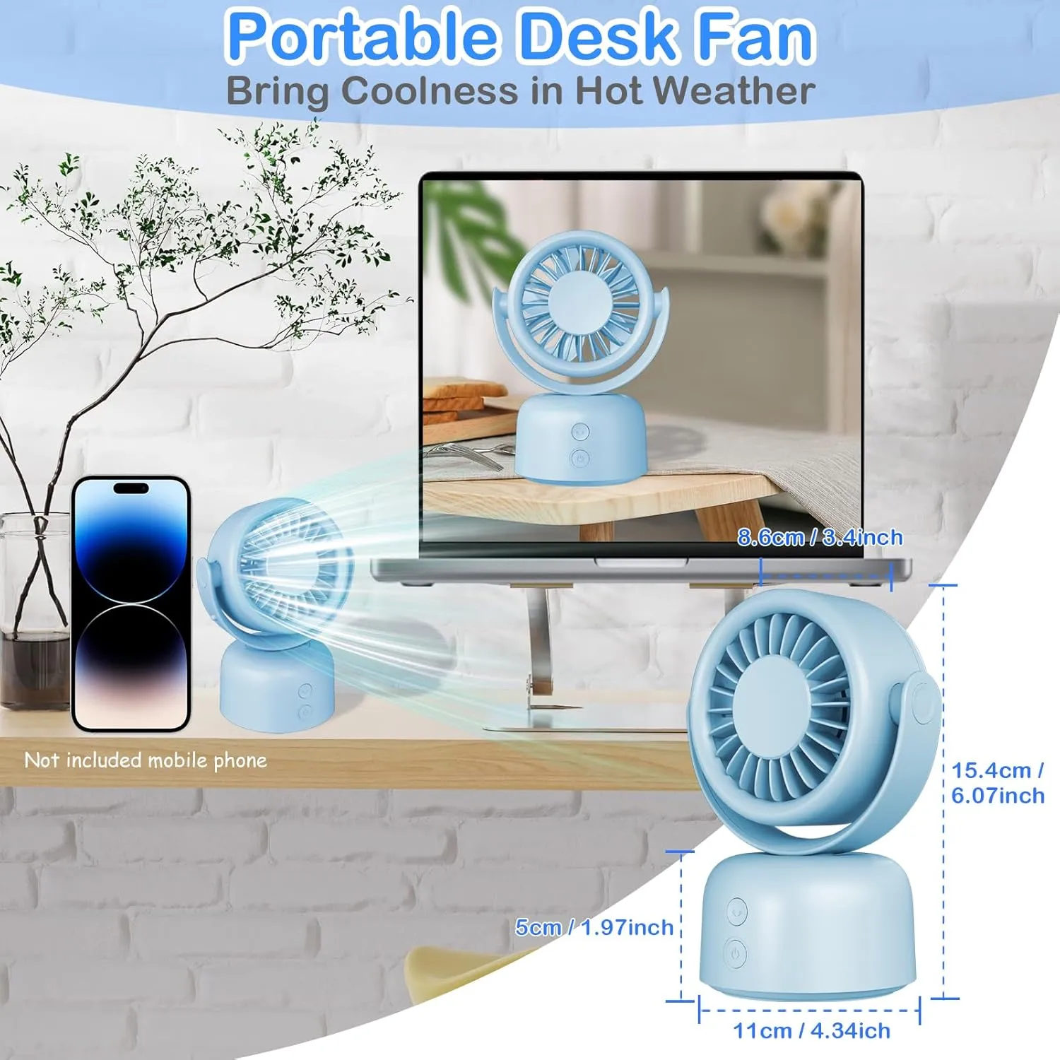 Small Quiet Desktop Fan, 3 Speeds Oscillating Fan with Auto 90 Rotate & Manual 120 Tilt Head, 0.72 Lb USB-C Corded Powered Mini Desk Fan for Outdoor Indoor Office Bedroom Travel (Blue)
