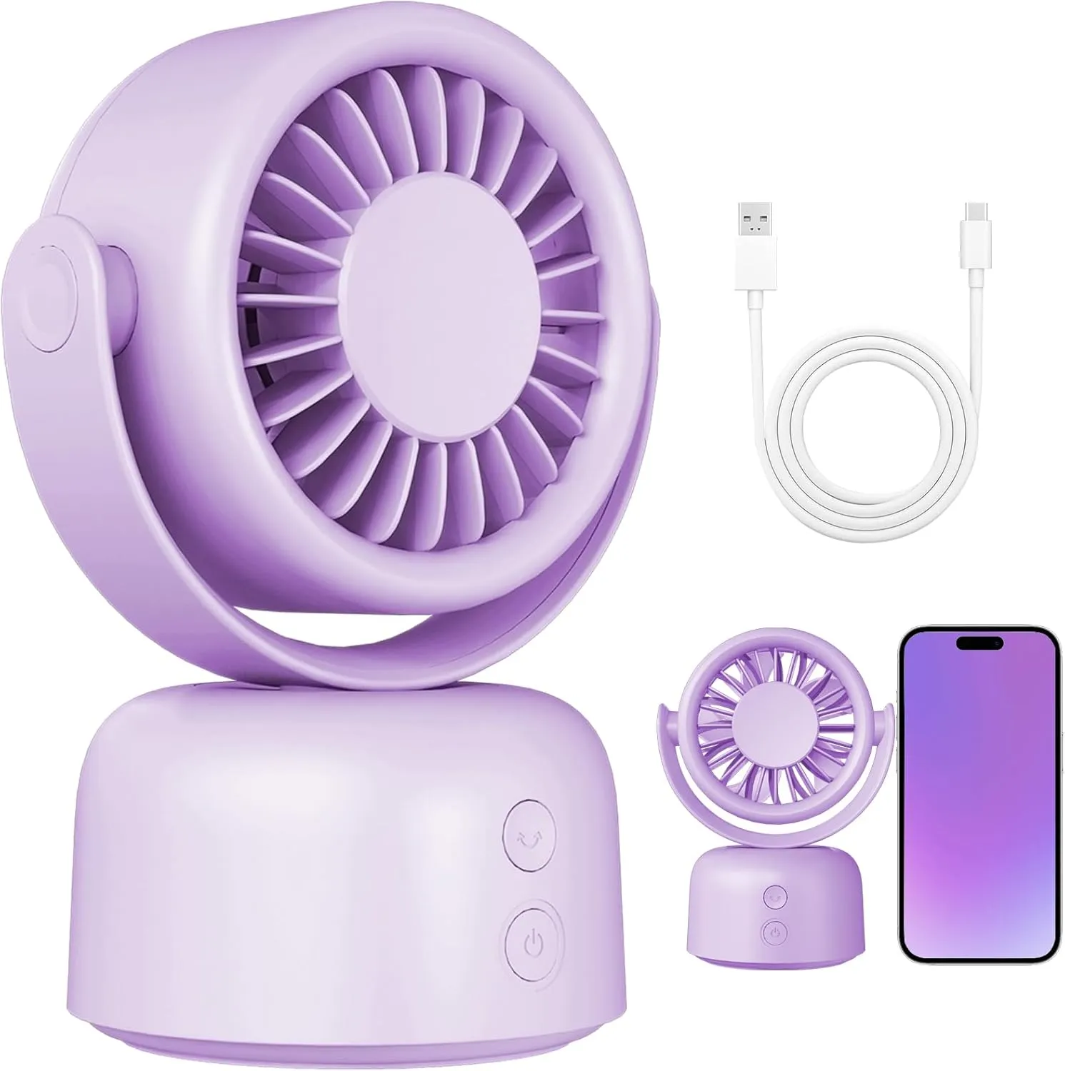 Small Quiet Desktop Fan, 3 Speeds Oscillating Fan with Auto 90 Rotate & Manual 120 Tilt Head, 0.72 Lb USB-C Corded Powered Mini Desk Fan for Outdoor Indoor Office Bedroom Travel (purple) Desktop fan with humidification feature
