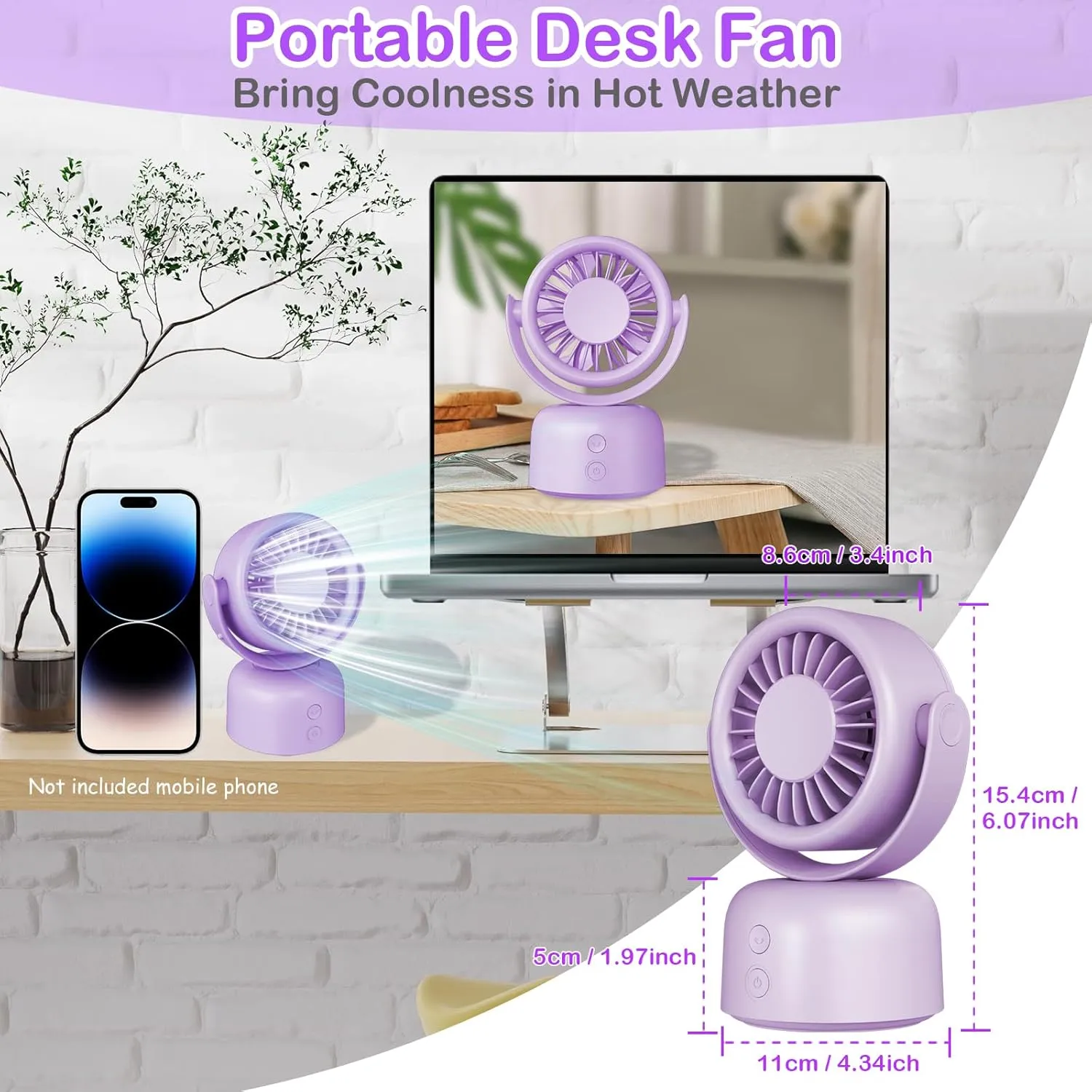 Small Quiet Desktop Fan, 3 Speeds Oscillating Fan with Auto 90 Rotate & Manual 120 Tilt Head, 0.72 Lb USB-C Corded Powered Mini Desk Fan for Outdoor Indoor Office Bedroom Travel (purple)
