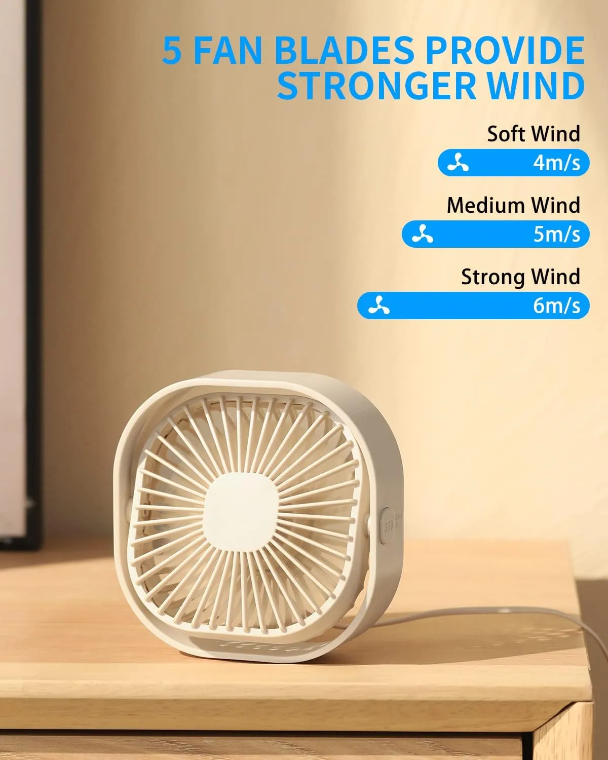 Small USB Desk Fan, 4 Inch Quiet Mini Table Fan,3 Speeds Portable Desktop Fan, 360Rotatable Little Personal Fan,Small Cooling Fan with USB Cable,Mini Fan for Home Office Bedroom Summer Gift (Apricot)