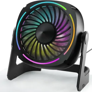 Small USB Desk Fan - 5.3 Inch Portable Table Fan with 3 Levels Air Flow, 8 Color LED Lights, 360 Rotation, Quiet Mini Personal Fan for Home Office Desktop USB desktop fan for workspace
