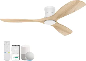 Smart 52 Wood Flush Mount Ceiling Fans with Lights and Remote,Quiet DC Motor,Outdoor Indoor Ultra Low Profile Ceiling Fan works with Alexa WIFI APP,Modern White Ceiling Fan for Bedroom Patio App-controlled remote fan for convenience