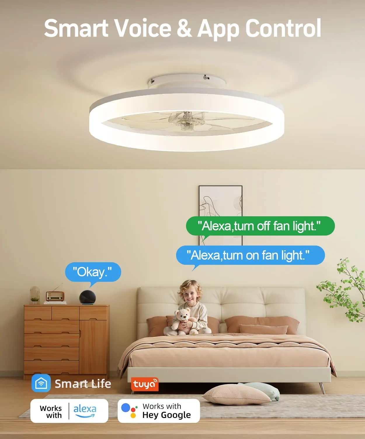 Smart Ceiling Fans with Light and Remote,20'' Low Profile Ceiling Fan with 6-Speed & Dimmable LED, Alexa/APP Home Voice Control, App, Reversible Airflow, App Timer, for BedroomWhite