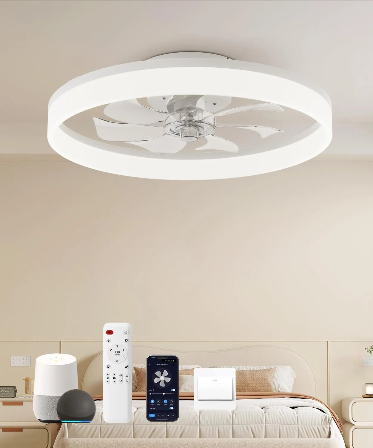 Smart Ceiling Fans with Light and Remote,20'' Low Profile Ceiling Fan with 6-Speed & Dimmable LED, Alexa/APP Home Voice Control, App, Reversible Airflow, App Timer, for BedroomWhite Small bladeless fan for quiet cooling