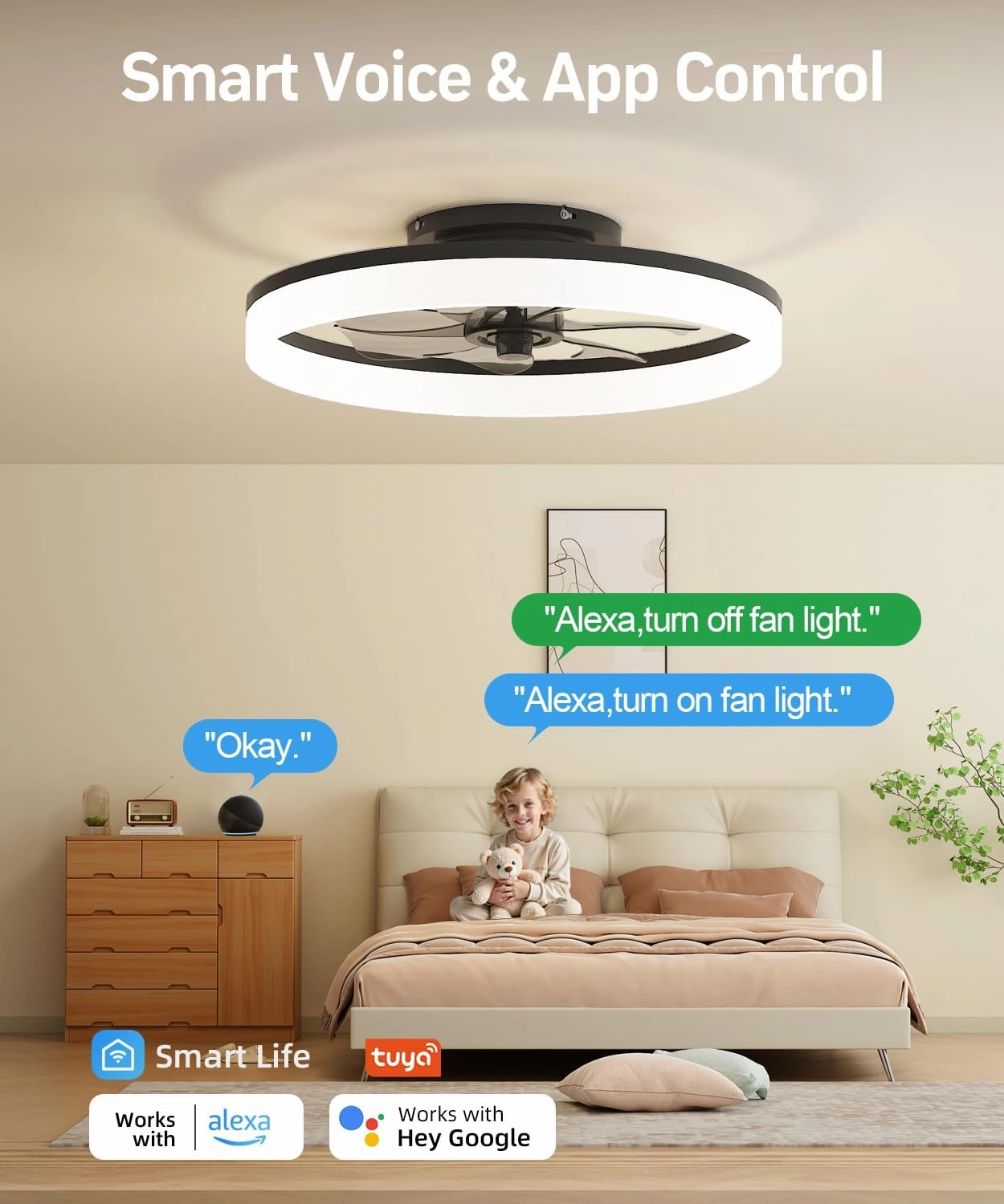 Smart Ceiling Fans with Light and Remote,20'' Low Profile Ceiling Fan with 6-Speed & Dimmable LED, Alexa/APP Home Voice Control, App, Reversible Airflow, App Timer, for BedroomBlack