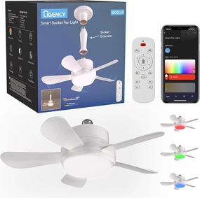 Smart Socket Fan Light  1800LM RGBW Color Changing LED E26 Screw-in 15" LED Fan Light with App/Remote/Alexa Google Voice Control, 6-Speed Quiet for Bedroom & Garage, White App-controlled remote fan for convenience