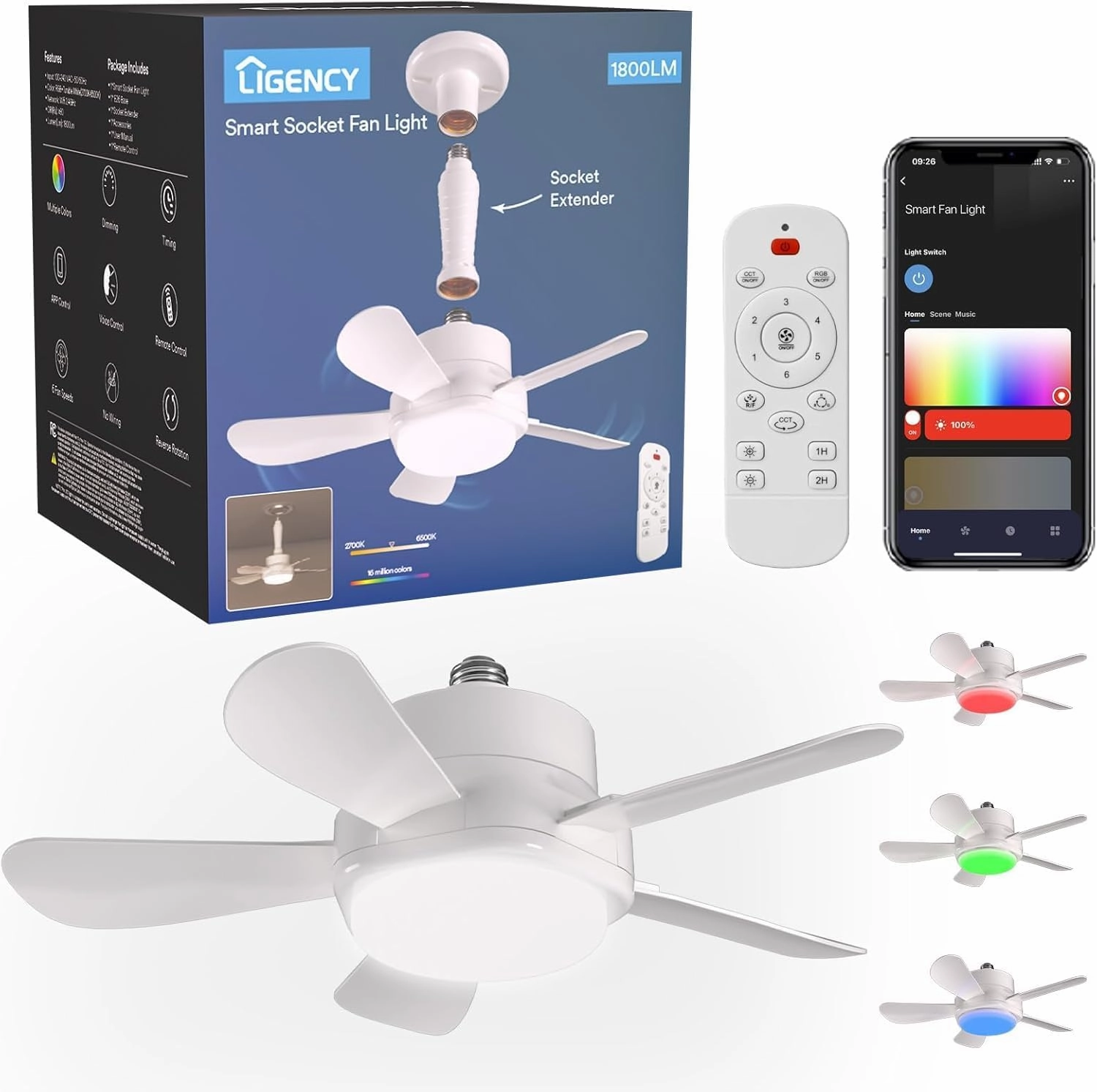 Smart Socket Fan Light  1800LM RGBW Color Changing LED E26 Screw-in 15" LED Fan Light with App/Remote/Alexa Google Voice Control, 6-Speed Quiet for Bedroom & Garage, White App-controlled remote fan for convenience
