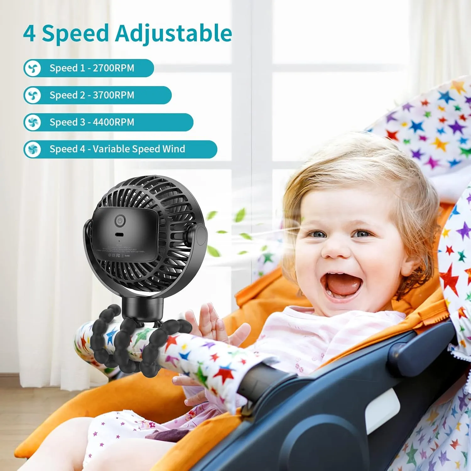 SMARTDEVIL Portable Stroller Fan, 4000mAh Small Battery Operated Baby Fan, 4 Speeds Car Seat with Flexible Tripod, Dual 360 Rotatable, for Peloton Bike, Crib, Treadmill, Travel