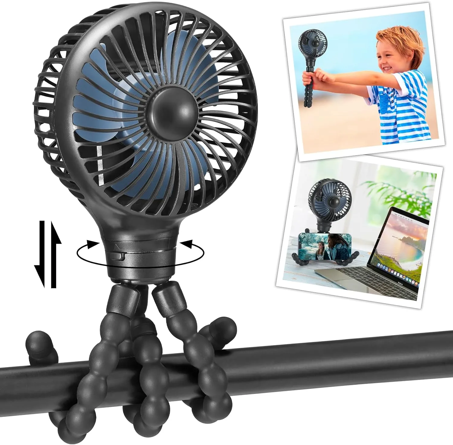 snawowo Mini Portable Baby stroller Fan, Auto Oscillating Battery Operated Personal Small Handheld Fan with Flexible Tripod, Rechargeable Clip On for Car Seat Crib Treadmill Travel Camping Black Mini handheld fan for personal cooling