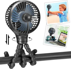 snawowo Mini Portable Baby stroller Fan, Auto Oscillating Battery Operated Personal Small Handheld Fan with Flexible Tripod, Rechargeable Clip On for Car Seat Crib Treadmill Travel Camping Black Mini handheld fan for personal cooling