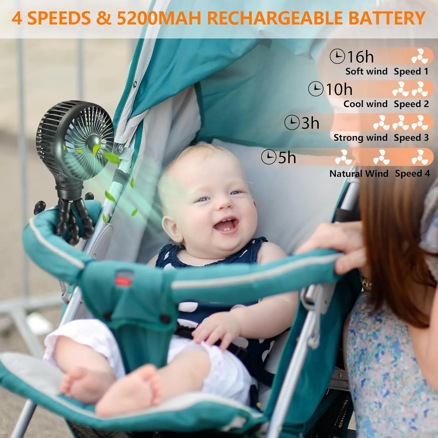 snawowo Mini Portable Baby stroller Fan, Auto Oscillating Battery Operated Personal Small Handheld Fan with Flexible Tripod, Rechargeable Clip On for Car Seat Crib Treadmill Travel Camping Black