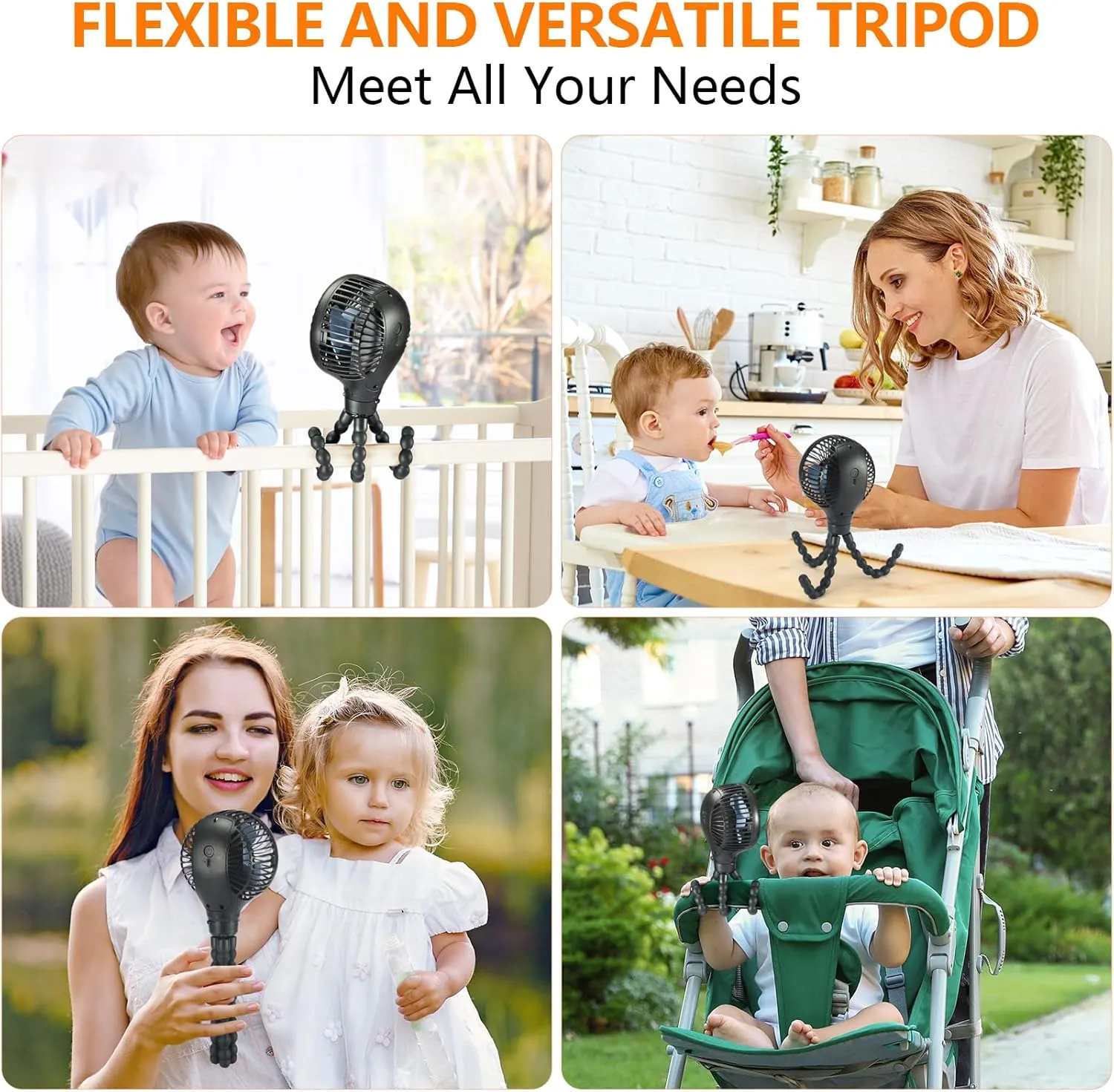 snawowo Mini Portable Baby stroller Fan, Auto Oscillating Battery Operated Personal Small Handheld Fan with Flexible Tripod, Rechargeable Clip On for Car Seat Crib Treadmill Travel Camping Black
