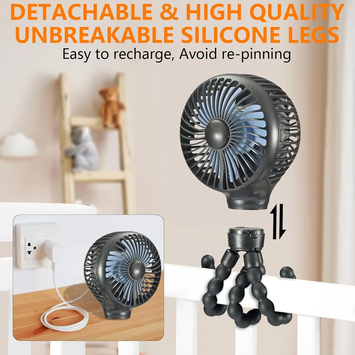 snawowo Mini Portable Baby stroller Fan, Auto Oscillating Battery Operated Personal Small Handheld Fan with Flexible Tripod, Rechargeable Clip On for Car Seat Crib Treadmill Travel Camping Black