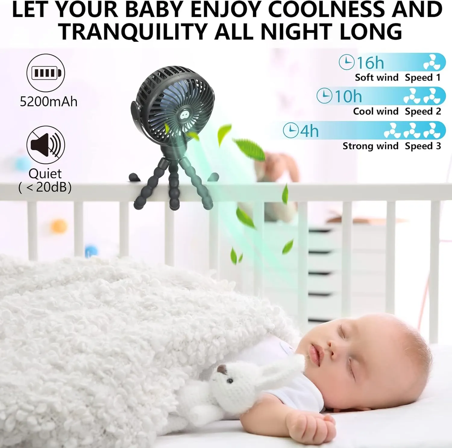 snawowo Mini Portable Baby stroller Fan, Battery Operated Personal Small Handheld Fan, 360 Rotate Flexible Tripod Rechargeable Clip On for Car Seat Crib Bike Treadmill Travel Camping Black