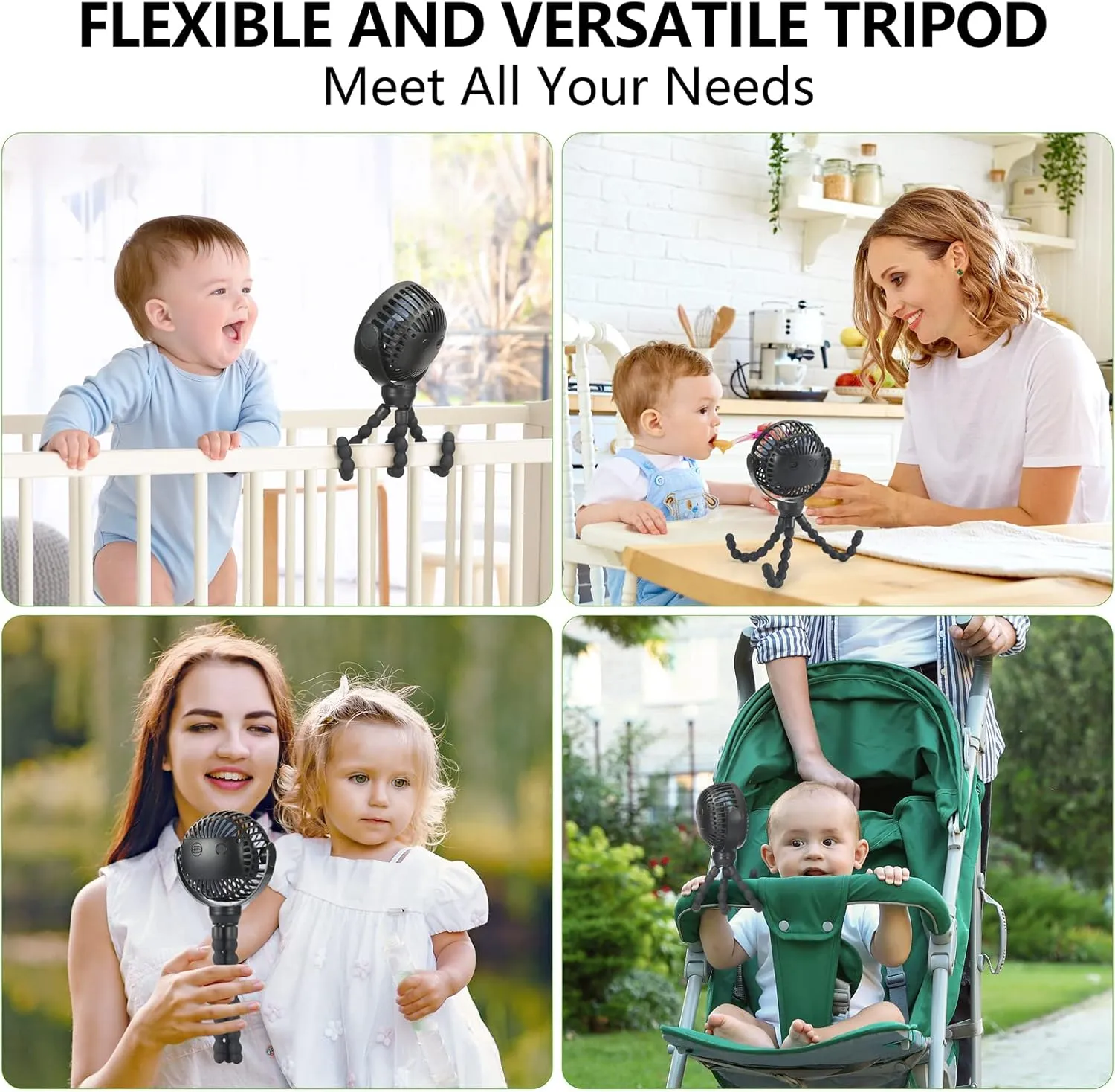 snawowo Mini Portable Baby stroller Fan, Battery Operated Personal Small Handheld Fan, 360 Rotate Flexible Tripod Rechargeable Clip On for Car Seat Crib Bike Treadmill Travel Camping Black