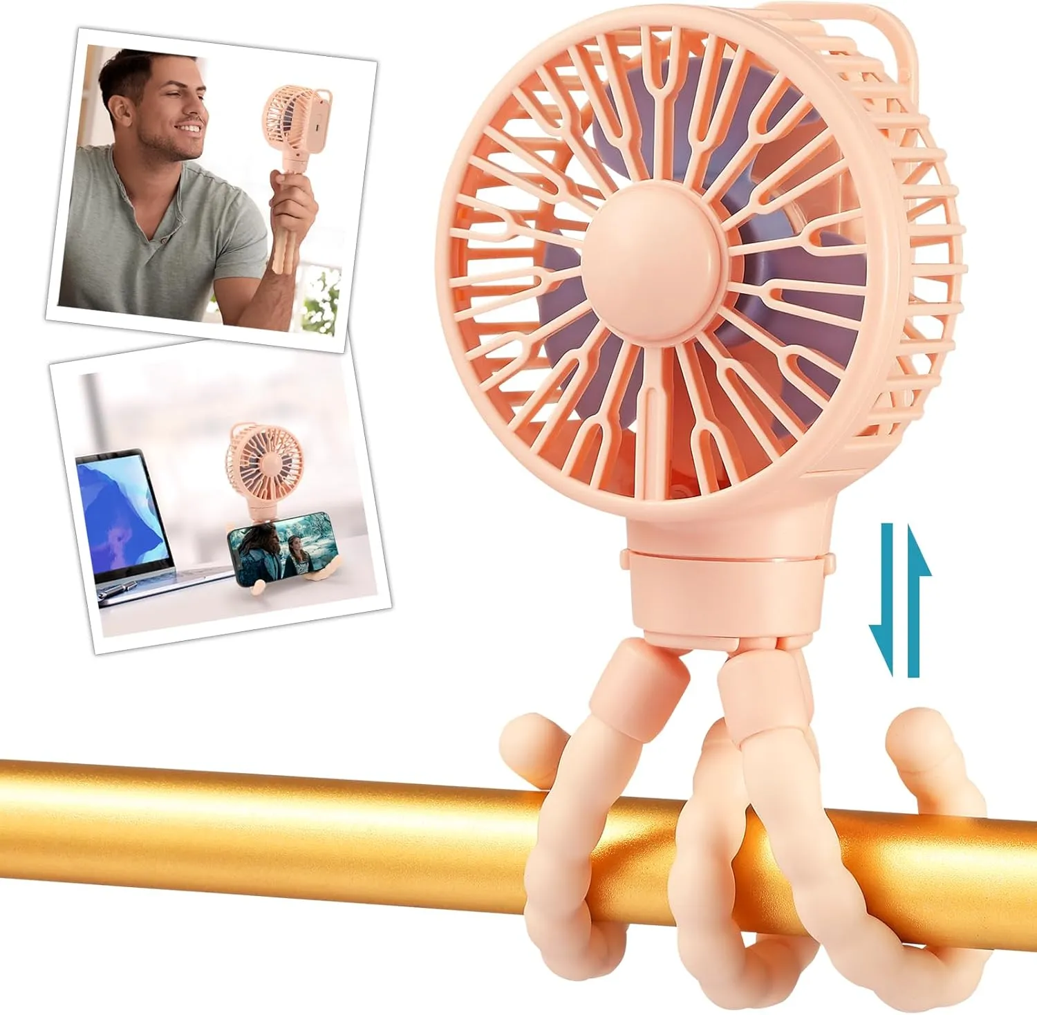 snawowo Mini Portable Stroller Fan, Battery Operated Personal Small Handheld Fan with Flexible Tripod, 3 Speed Rechargeable Clip On for Car Seat Crib Treadmill Travel Camping Pink Rear-mounted fan for childrens safety