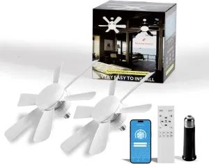 Socket Fan LED Ceiling Lights,18inch APP Control E26 Fans Bulb with Remote & Dimmable LED Ceiling Fan Lights,3Color 3000K-6500K,1800LM Fan Light Bulb Screw in Ceiling (White-2Pack) App-controlled remote fan for convenience