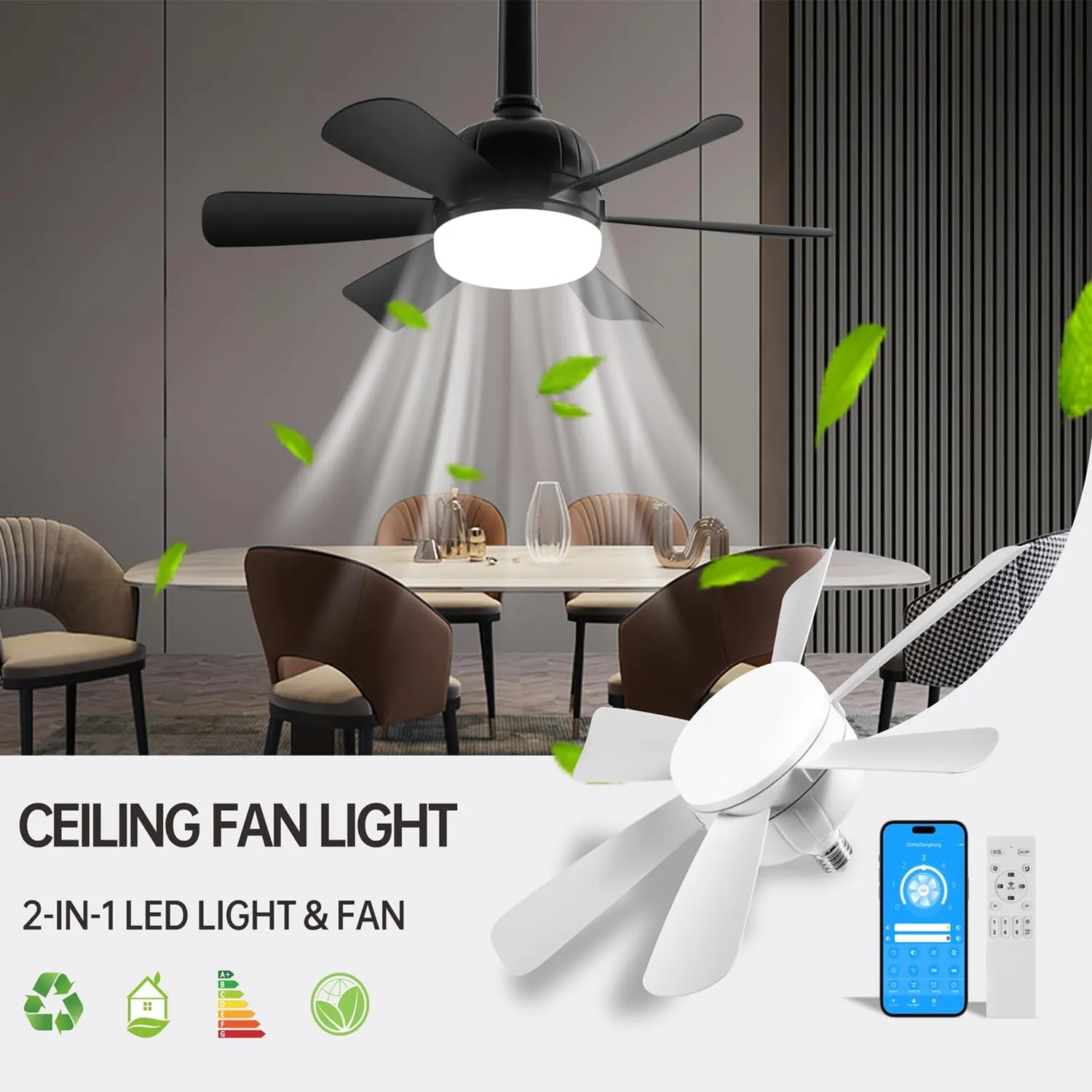 Socket Fan LED Ceiling Lights,18inch APP Control E26 Fans Bulb with Remote & Dimmable LED Ceiling Fan Lights,3Color 3000K-6500K,1800LM Fan Light Bulb Screw in Ceiling (White-2Pack)