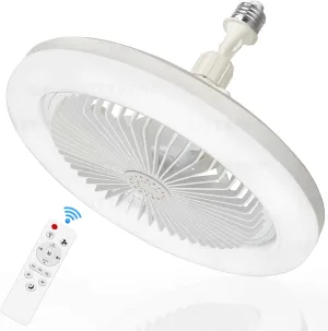 Socket Fan Light with Remote Control, 3 Colors 3000K-6500K Dimmable LED Light Bulb Fan Screw in Ceiling Fan for Bedroom, Kitchen, Storage Room, Closet, Wireless Small Ceiling Fans with Lights - White Small bladeless fan for quiet cooling
