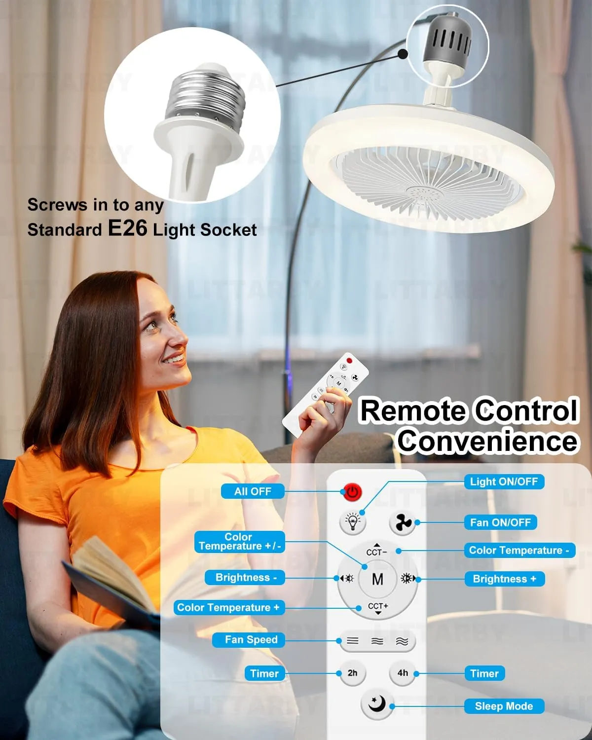 Socket Fan Light with Remote Control, 3 Colors 3000K-6500K Dimmable LED Light Bulb Fan Screw in Ceiling Fan for Bedroom, Kitchen, Storage Room, Closet, Wireless Small Ceiling Fans with Lights - White