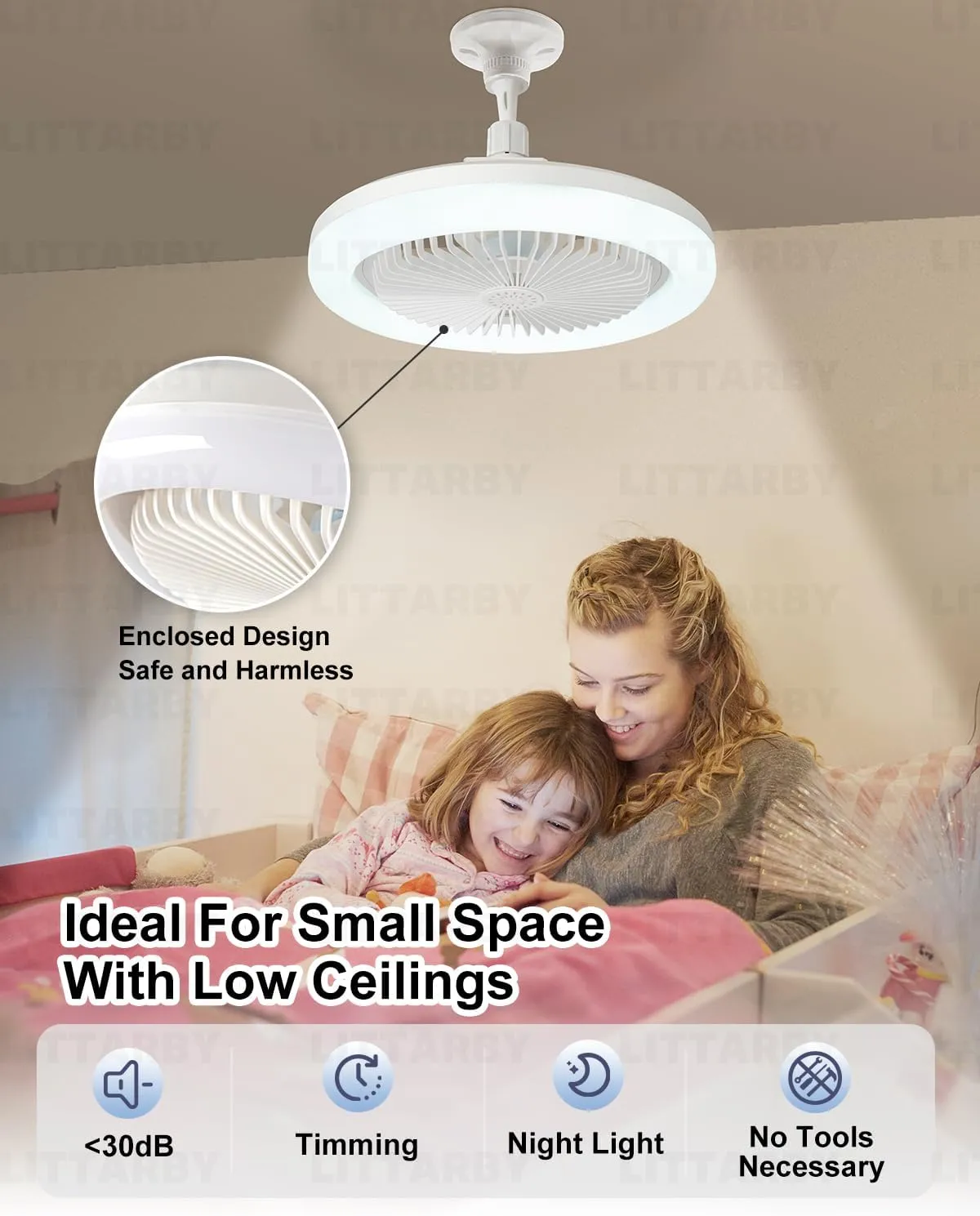 Socket Fan Light with Remote Control, 3 Colors 3000K-6500K Dimmable LED Light Bulb Fan Screw in Ceiling Fan for Bedroom, Kitchen, Storage Room, Closet, Wireless Small Ceiling Fans with Lights - White