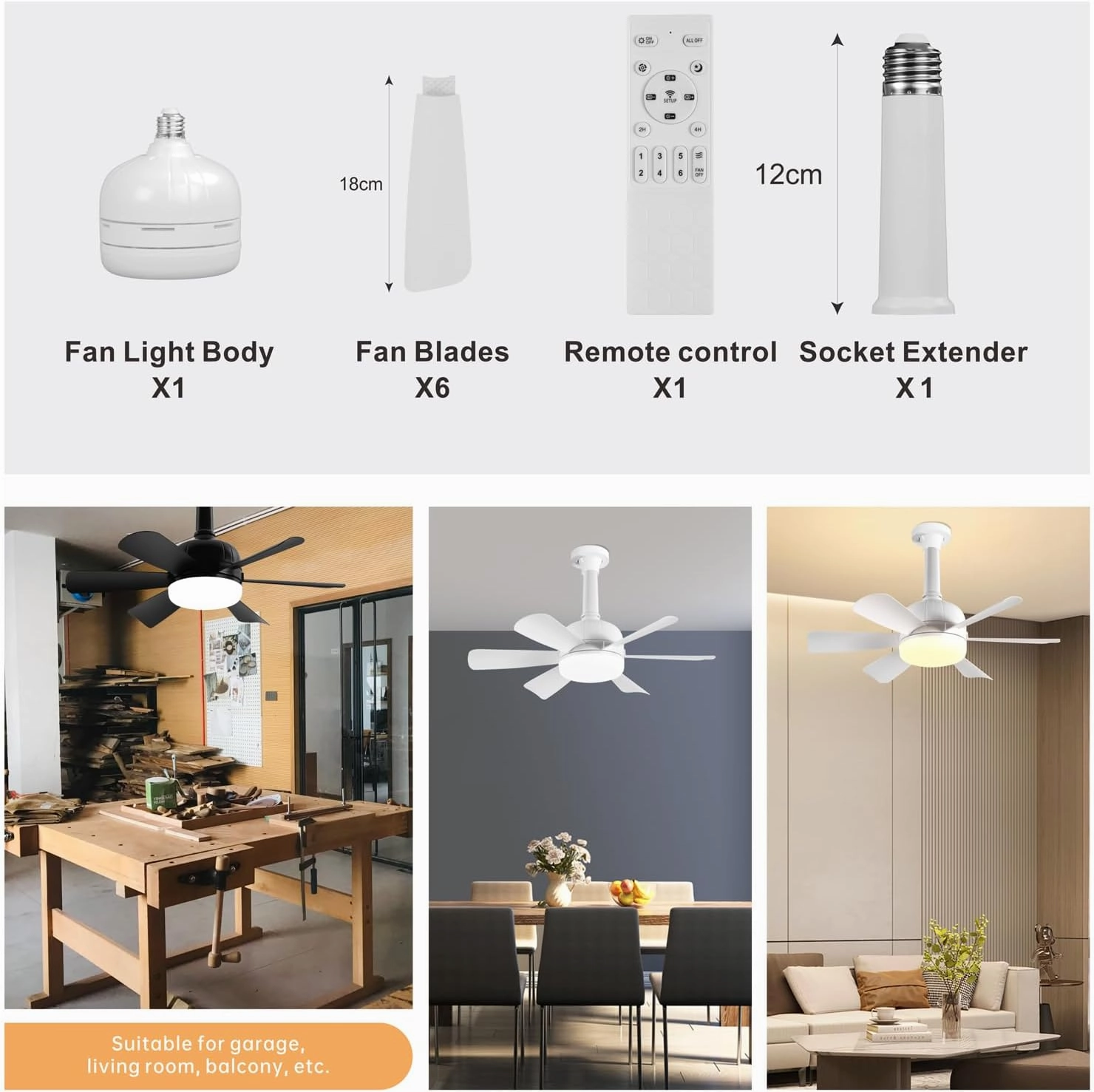 Socket Fan LED Ceiling Lights,18inch APP Control E26 Fans Bulb with Remote & Dimmable LED Ceiling Fan Lights,3Color 3000K-6500K,1800LM Fan Light Bulb Screw in Ceiling (Black-2Pack)