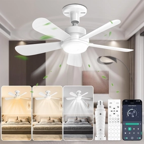 Socket Fan Light with APP & Remote, 22-in Screw-in Ceiling Fan for E26 Base, 3 Color Tones Adjustable, Reversible Motor for Home Bedroom Living Room Kitchen Garage App-controlled remote fan for convenience