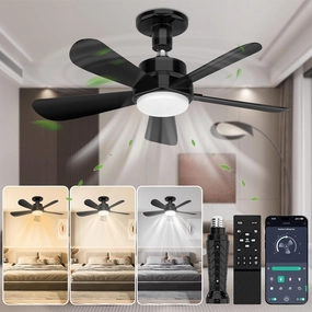 Socket Fan Light with Remote and App Control 22inch Socket Ceiling Fan for E26 Base with Light Dimmable LED Ceiling Fan,3 Colors 6500K,1500 Lumens Bulb for Garage, Bedroom, Kitchen, Living Room, Black App-controlled remote fan for convenience