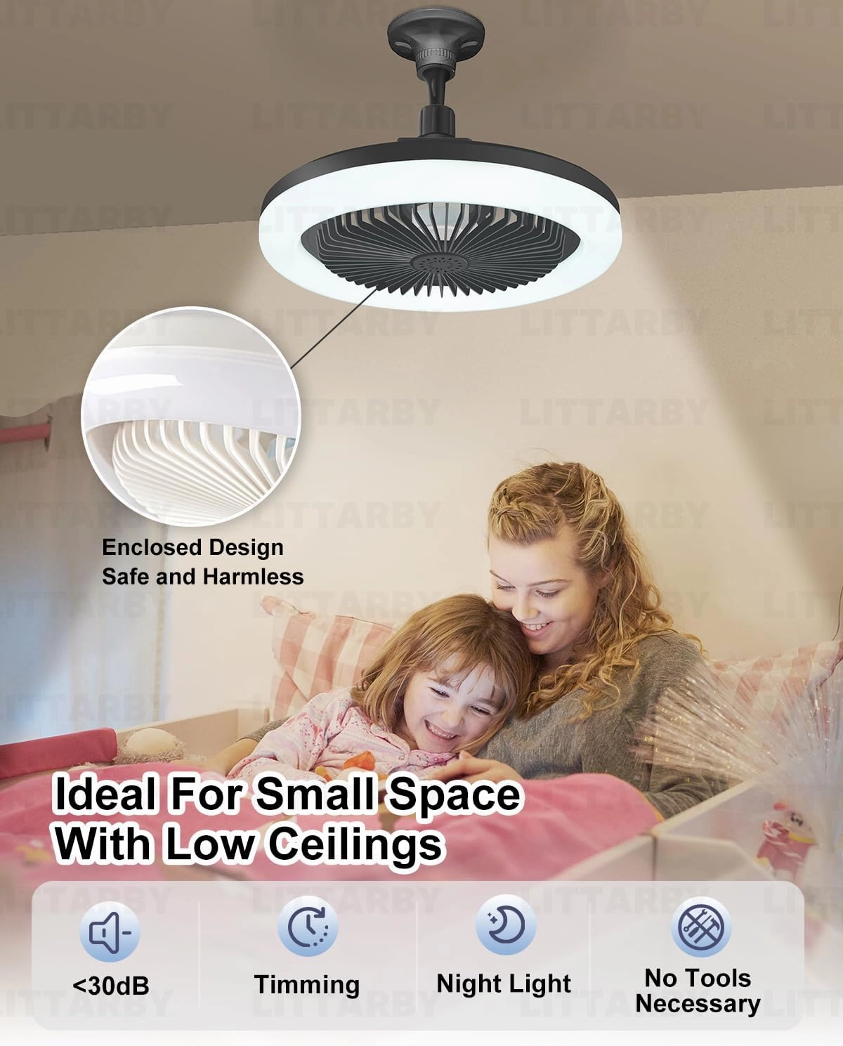 Socket Fan Light with Remote Control, 3 Colors 3000K-6500K Dimmable LED Light Bulb Fan Screw in Ceiling Fan for Bedroom, Kitchen, Storage Room, Closet, Wireless Small Ceiling Fans with Lights - Black