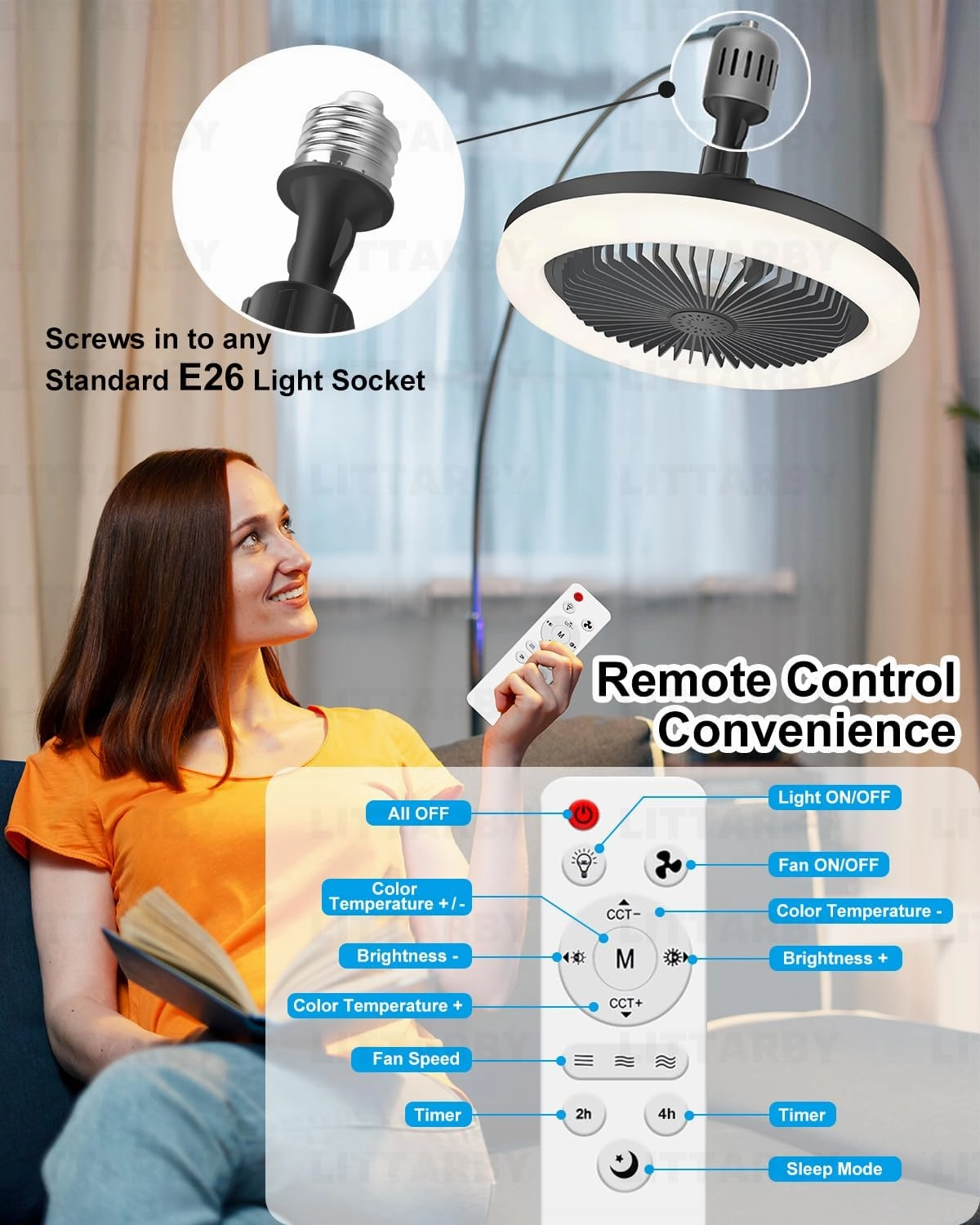 Socket Fan Light with Remote Control, 3 Colors 3000K-6500K Dimmable LED Light Bulb Fan Screw in Ceiling Fan for Bedroom, Kitchen, Storage Room, Closet, Wireless Small Ceiling Fans with Lights - Black